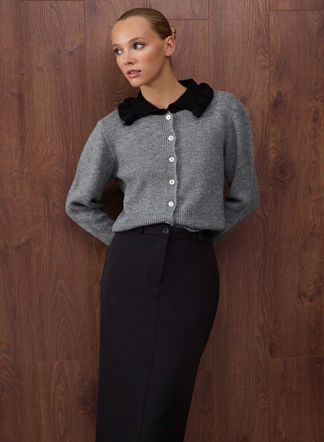 trendyol Gray Color Block Polo Neck Special Thread Collar Detail Knitwear Cardigan - Image 1