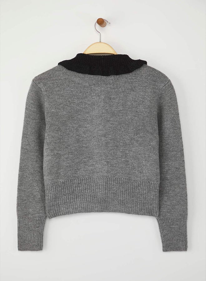 trendyol Gray Color Block Polo Neck Special Thread Collar Detail Knitwear Cardigan - Image 5