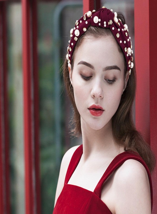 Atoden Pearl Knotted Rhinestone Wide Top Knot Beaded Jeweled Headbands for Women's Hair - Crystal Embellished for Christmas Holiday Gifts - Image 2