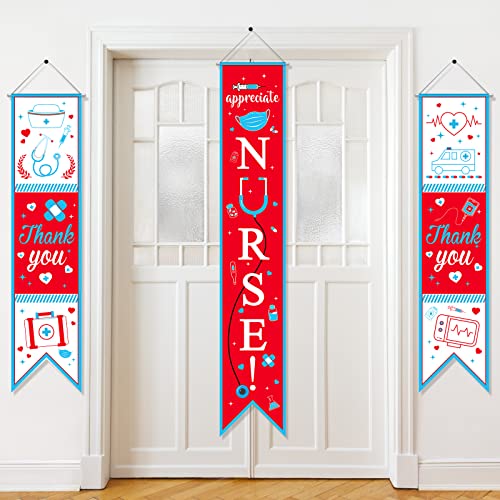 3 Pcs Thank You Nurses Door Banners Vertical Nurses Appreciation Week Hanging Door Banners Thank You Nurse Party Decorations Nurse Day Polyester Porch Sign for Indoor Outdoor School Rn Party Wall