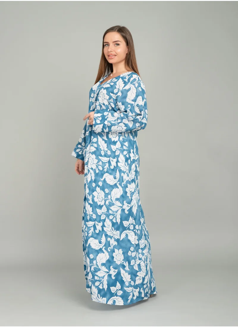IKKXA Leaf & Blossom Printed Jalabiya CJ1049 Blue