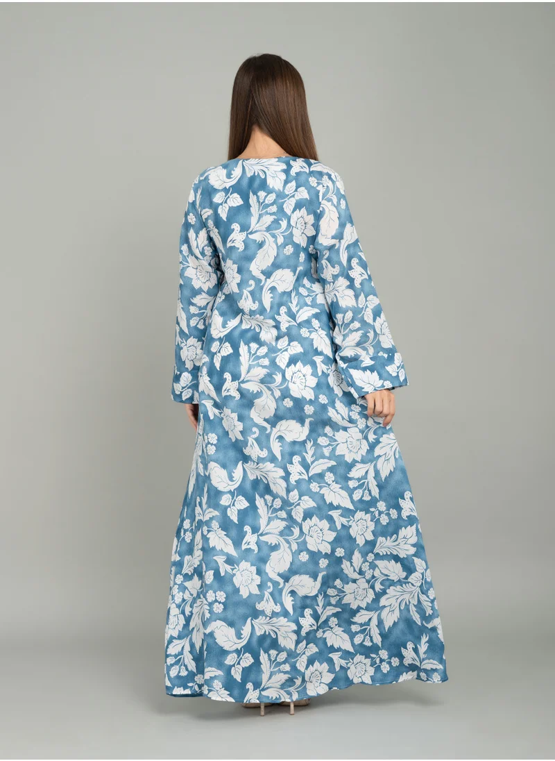 IKKXA Leaf & Blossom Printed Jalabiya CJ1049 Blue