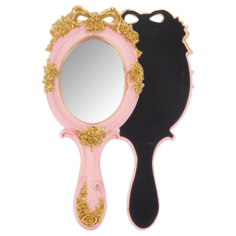 Elegant Women's Handheld Mirror, Antique Embossed Floral Princess Pattern, Portable Travel Vanity Table Decor (Pink)