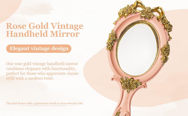 LAMAY Elegant Women's Handheld Mirror, Antique Embossed Floral Princess Pattern, Portable Travel Vanity Table Decor (Pink) - Image 4
