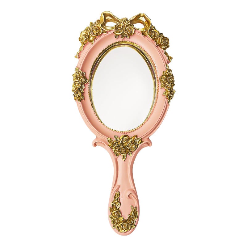 LAMAY Elegant Women's Handheld Mirror, Antique Embossed Floral Princess Pattern, Portable Travel Vanity Table Decor (Pink) - Image 3