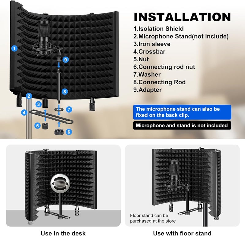Aokeo Studio Recording Microphone Isolation Shield, Pop Filter.High density absorbent foam is used to filter vocal. Suitable for blue yeti and any condenser microphone recording equipment - Image 2