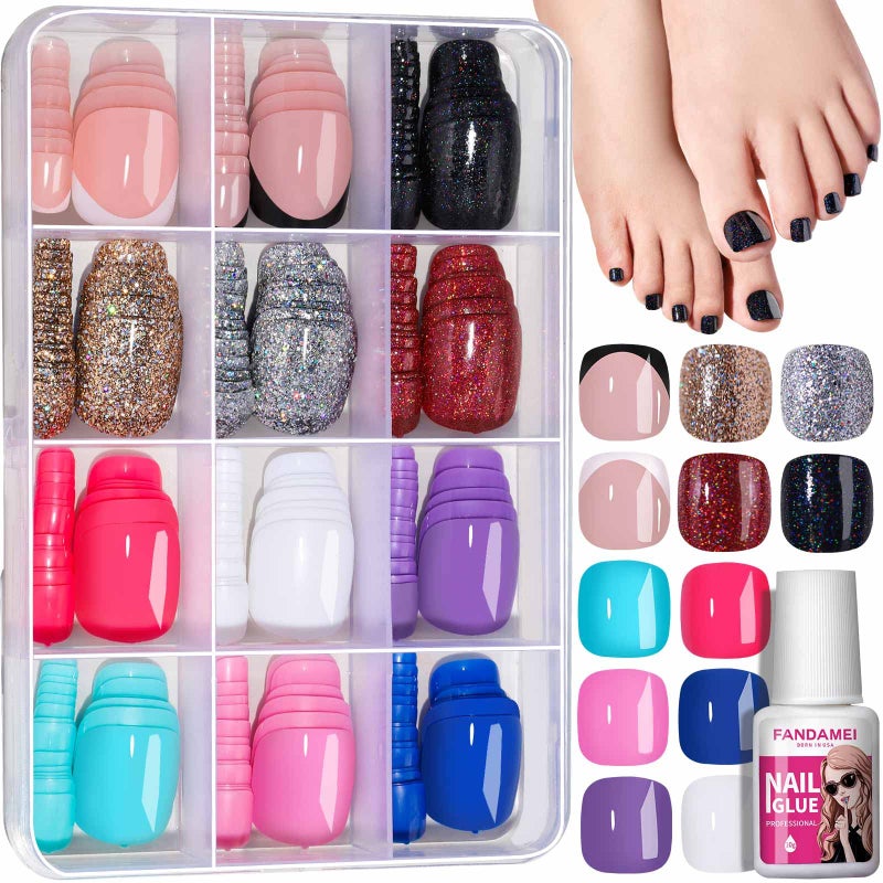 FANDAMEI Press on Toe Nails 12 Colors 288PCS Press on Toenails Short Square 4 Glitter Press on Toenails Full Cover 6 Glossy False Toenails for Feet 2 Press on Toenails French Tip for Nail