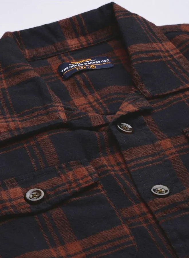 The Indian Garage Co Men Regular Fit Checkered Full Sleeves Spread Collar Double Flap Pocket Casual Over Shirt