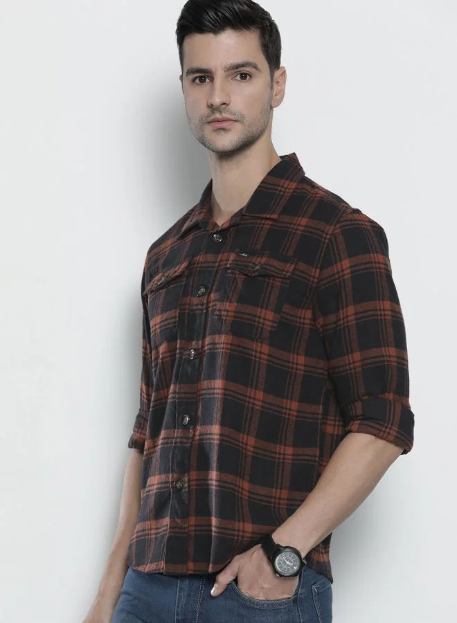 The Indian Garage Co Men Regular Fit Checkered Full Sleeves Spread Collar Double Flap Pocket Casual Over Shirt