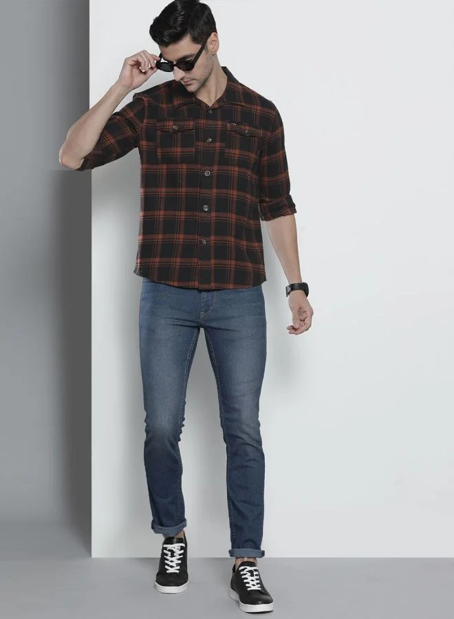 The Indian Garage Co Men Regular Fit Checkered Full Sleeves Spread Collar Double Flap Pocket Casual Over Shirt
