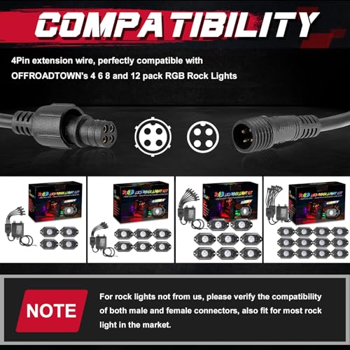 OFFROADTOWN Rock Lights Extension Wire, 2 Pack 10FT 4 Pin RGB Cable Cord for 4 and 6 8 12Pods Multi Color Underglow Rock Light Kits Wheel Well Lights Extension Wire - Image 5
