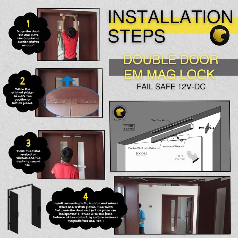 OldArc EM12 Double Door EM Lock | Electromagnetic Lock for Double SwingDoor | 2 Wire Dual Leaf EMlock 600lbs/280kg 12v DC | Electromagnetic DoorLock | Access Control Office Glass Wooden Door - Image 4