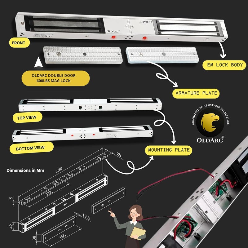 OldArc EM12 Double Door EM Lock | Electromagnetic Lock for Double SwingDoor | 2 Wire Dual Leaf EMlock 600lbs/280kg 12v DC | Electromagnetic DoorLock | Access Control Office Glass Wooden Door - Image 5