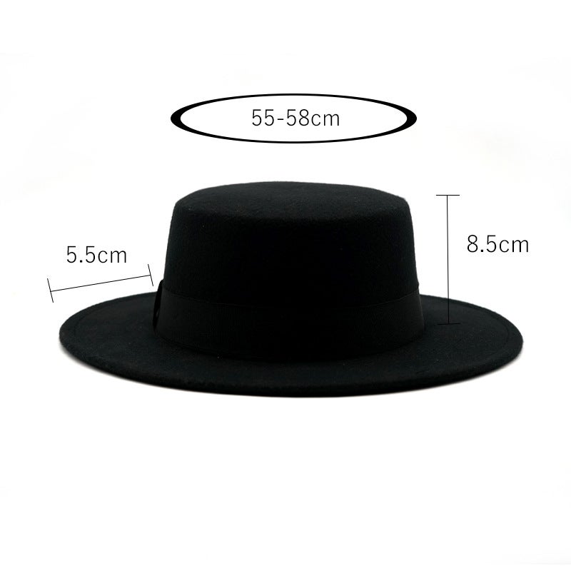 Retro British Style Black Ribbon Flat Top Hat Couple Men And Women Gentleman Hat Women Large Flat Brim Woolen Warm Hat - Image 4
