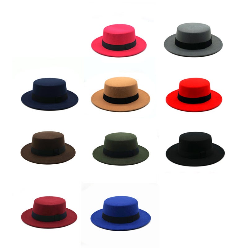 Retro British Style Black Ribbon Flat Top Hat Couple Men And Women Gentleman Hat Women Large Flat Brim Woolen Warm Hat - Image 3