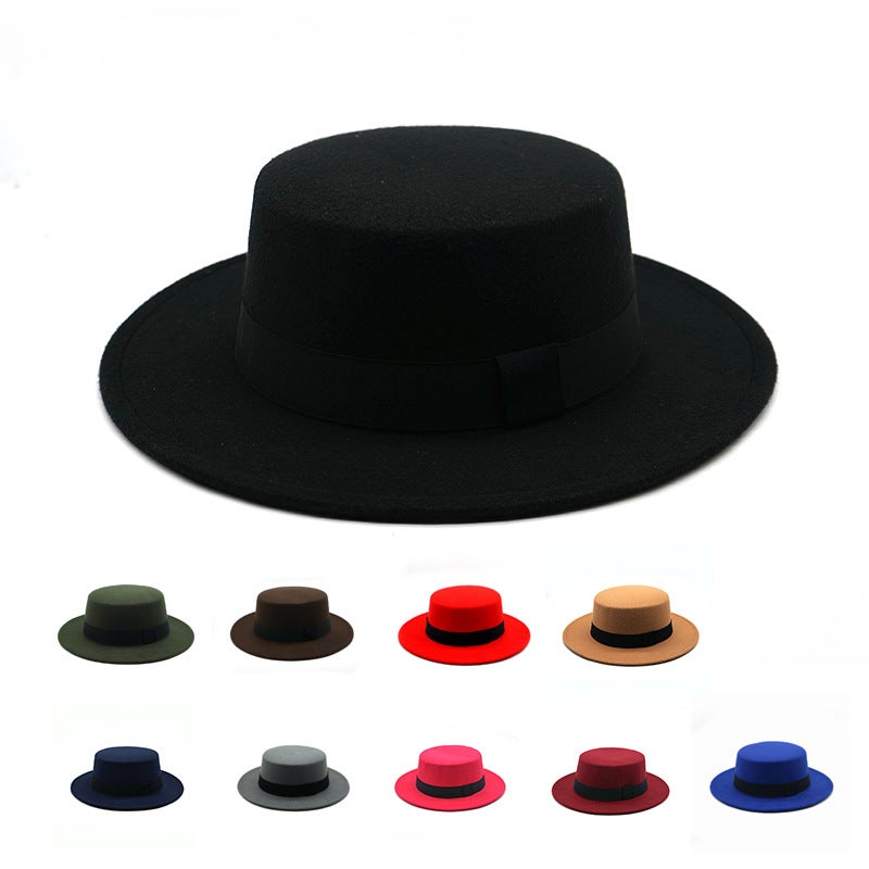 Retro British Style Black Ribbon Flat Top Hat Couple Men And Women Gentleman Hat Women Large Flat Brim Woolen Warm Hat - Image 2