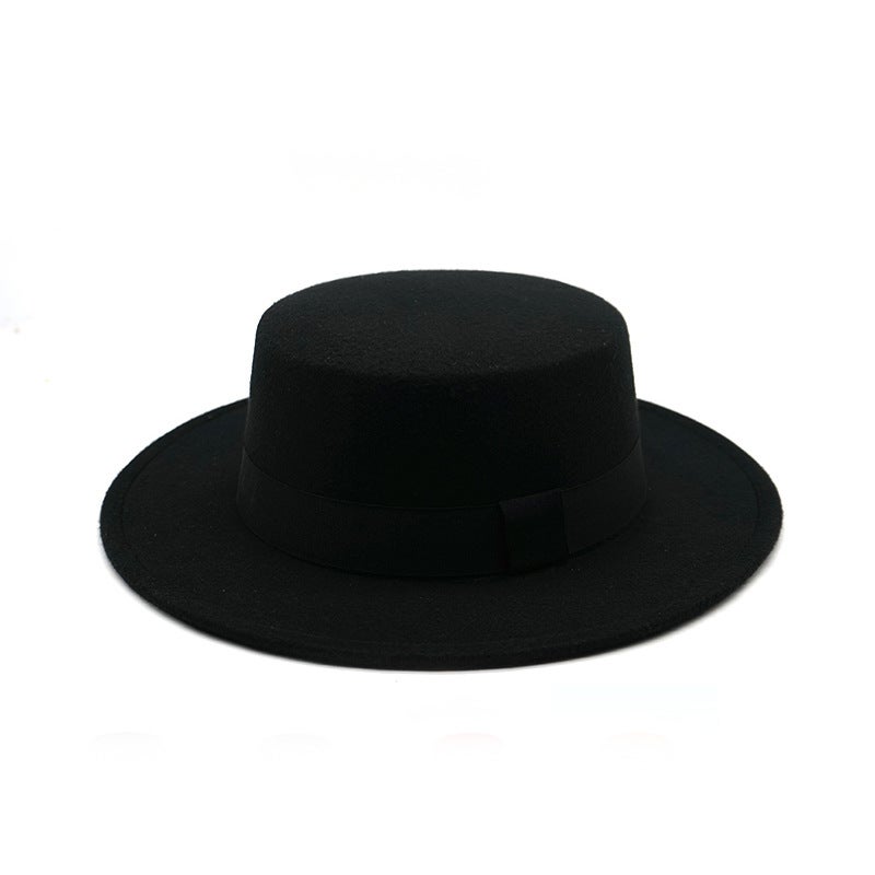 Retro British Style Black Ribbon Flat Top Hat Couple Men And Women Gentleman Hat Women Large Flat Brim Woolen Warm Hat - Image 1