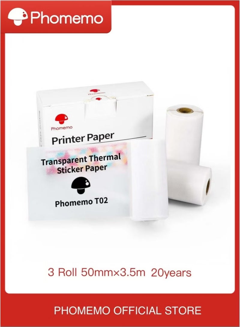 phomemo 3 Rolls Transparent Thermal Sticker Paper 50×3.5m, Compatible withT02 & M02X & M832 |20 Year - Image 1