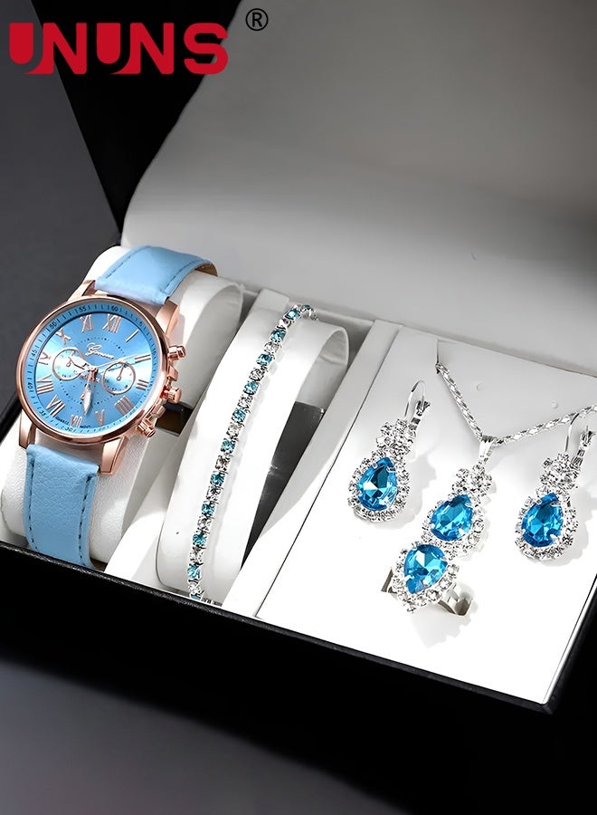 UNUNS 5 Pcs Women Watch Set,Roman Numerals Women's Wrist Watch,Luxury Diamond Decorated Watch Bracelet Necklace Ring Earrings Set,Valentine'S Day Birthday Gifts for Women,Blue - Image 1