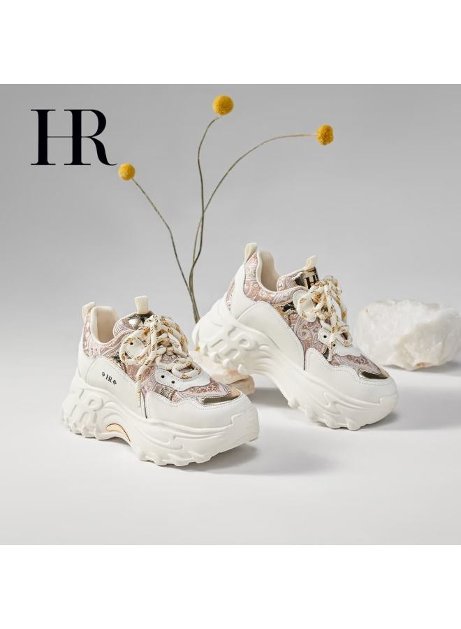Hrhr Women's Dad Sneakers  Autumn Winter New Thick Sole Lace-up Casual Sports Shoes Champagne Beige Size 38 - Image 5