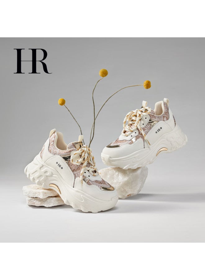 Hrhr Women's Dad Sneakers  Autumn Winter New Thick Sole Lace-up Casual Sports Shoes Champagne Beige Size 38 - Image 1