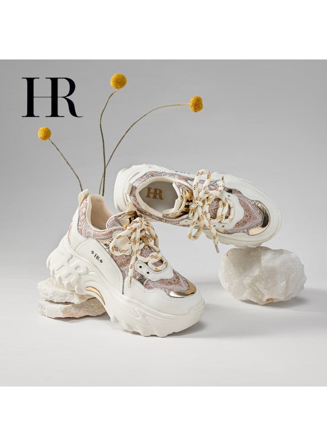 Hrhr Women's Dad Sneakers  Autumn Winter New Thick Sole Lace-up Casual Sports Shoes Champagne Beige Size 38 - Image 4