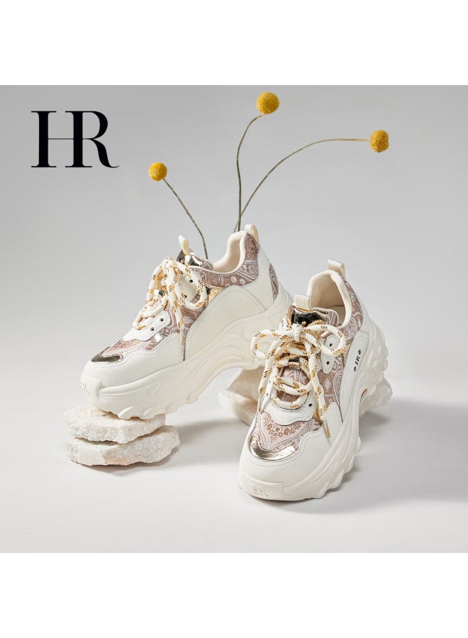 Hrhr Women's Dad Sneakers  Autumn Winter New Thick Sole Lace-up Casual Sports Shoes Champagne Beige Size 38 - Image 2