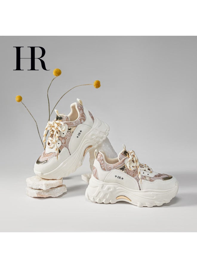 Hrhr Women's Dad Sneakers  Autumn Winter New Thick Sole Lace-up Casual Sports Shoes Champagne Beige Size 38 - Image 3