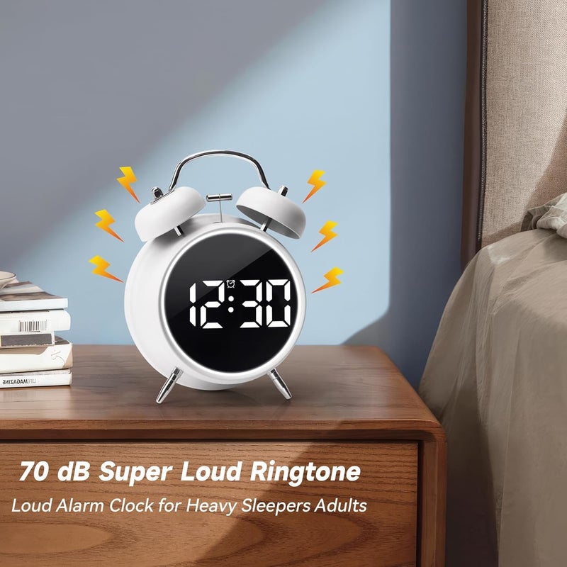 Brikipth Bedside Silent Alarm Clocks Small Digital Desk ClockAlarm Clock Twin Bell Alarm Clock Alarm Clock with Backlight for Bedroom Battery Operated Analog Alarm Clock White - Image 3