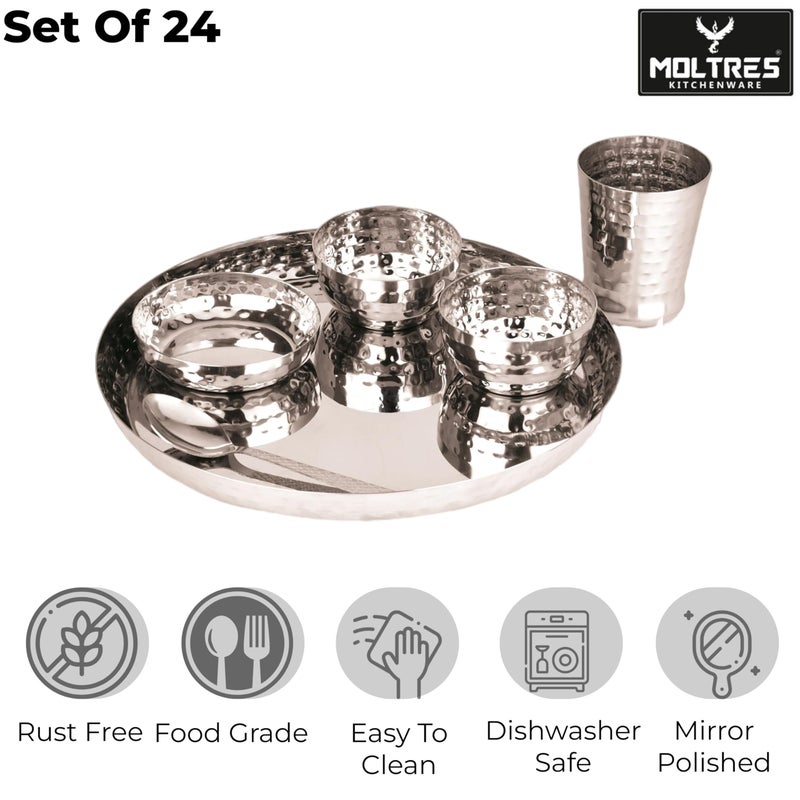 MOLTRES MOLTRES - Royal Hammered Steel Dinner Set of 24-18 Gauge, Easy to Clean, Rust Free - Includes 4 Thali, 4 Sweet Dish, 8 Bowls, 4 Spoon & 4 Glass - Premium Mirror Polished - Image 4