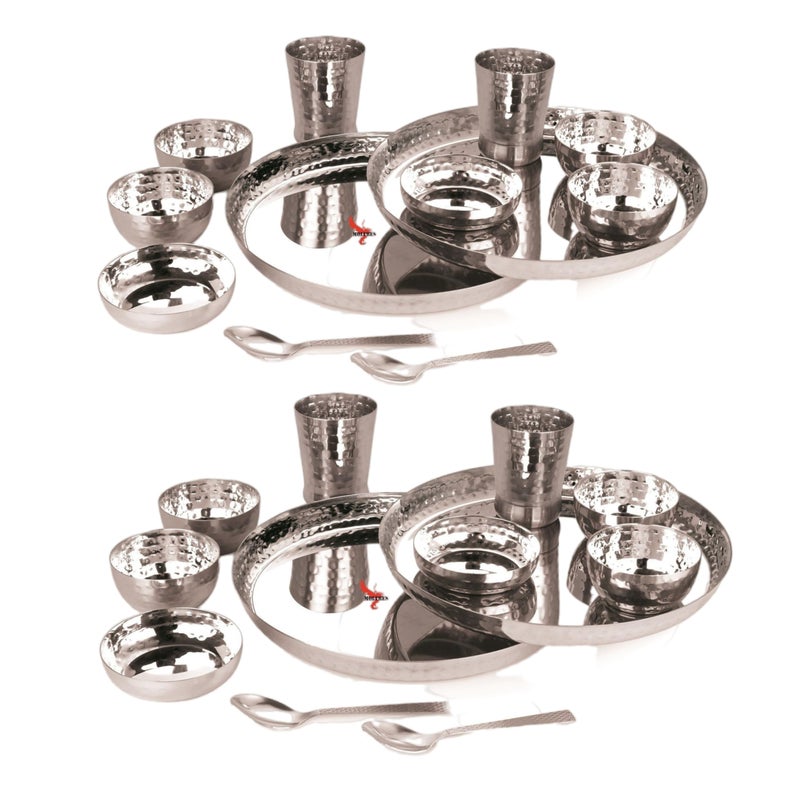 MOLTRES MOLTRES - Royal Hammered Steel Dinner Set of 24-18 Gauge, Easy to Clean, Rust Free - Includes 4 Thali, 4 Sweet Dish, 8 Bowls, 4 Spoon & 4 Glass - Premium Mirror Polished - Image 1