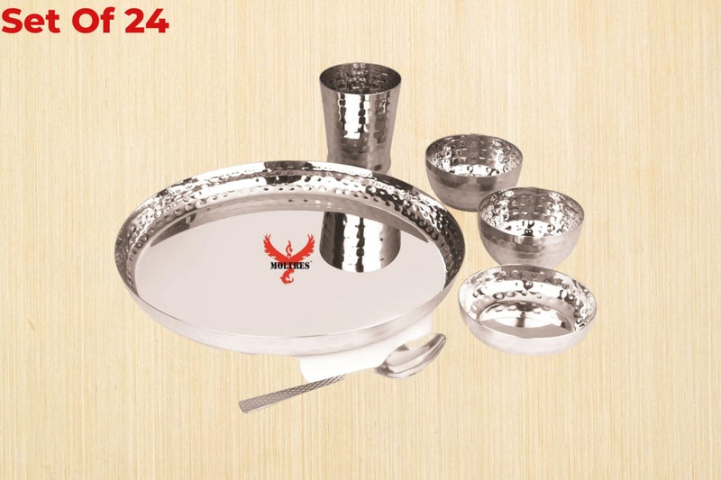 MOLTRES MOLTRES - Royal Hammered Steel Dinner Set of 24-18 Gauge, Easy to Clean, Rust Free - Includes 4 Thali, 4 Sweet Dish, 8 Bowls, 4 Spoon & 4 Glass - Premium Mirror Polished - Image 5