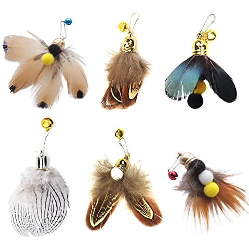 Hokoad Cat Insect Feather Toys Replacement Cat Toy Wand Refills 6 Pieces Natural Insect Cat Toy Feathers Refill Interactive Cat Teaser Wand Attachments with Bell - Image 1