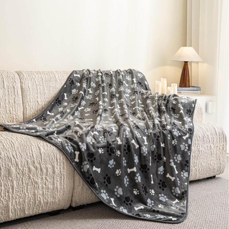 AIWEK Dog Blanket Paw Bone Pattern 1 Pack 2 Super Soft Warm Flannel Sofa Cover Car Bed Protector, Urine Proof Washable Outdoor Pet Blanket for Puppy Large Dogs & Cats,40"*30" Grey - Image 2