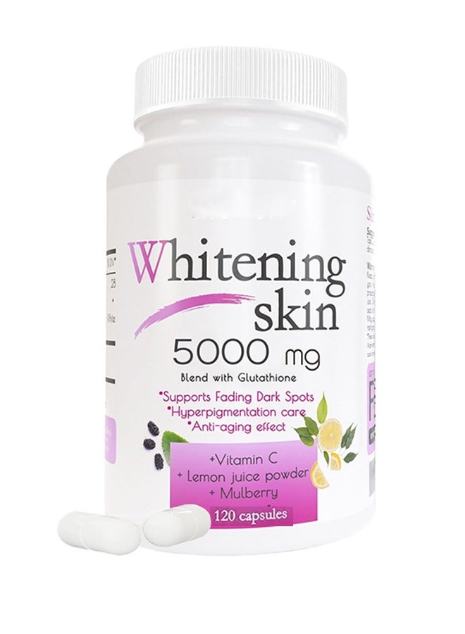 SKIN حبوب تبييض الجلوتاثيون - مزيل البقع الداكنة وندبات حب الشباب - 5000 مجم - حبوب تبييض البشرة النباتية ذات تأثير مضاد للشيخوخة ومضاد للأكسدة - 120 كبسولة - Image 1