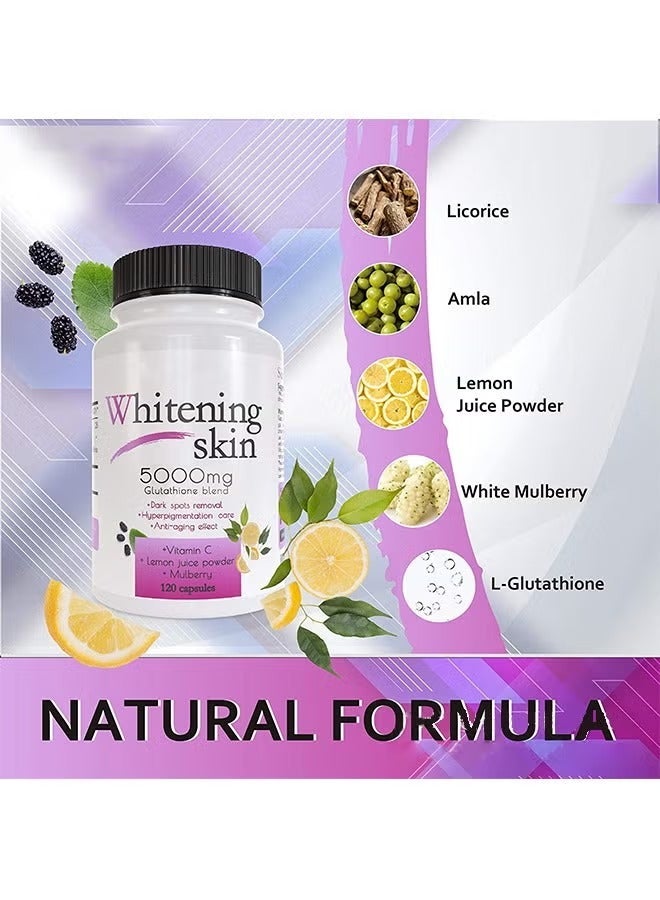 SKIN حبوب تبييض الجلوتاثيون - مزيل البقع الداكنة وندبات حب الشباب - 5000 مجم - حبوب تبييض البشرة النباتية ذات تأثير مضاد للشيخوخة ومضاد للأكسدة - 120 كبسولة - Image 4