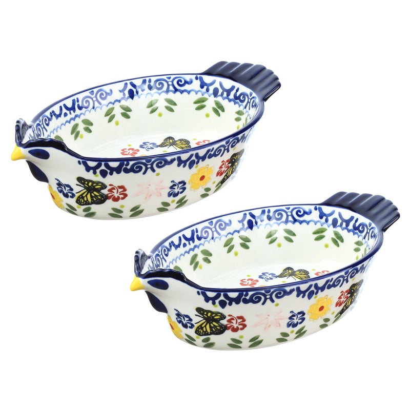 Bicuzat Vintage Butterfly and Flower Pattern Pie Pan Chicken Shape Ceramic Bakeware Casserole Dish Baking Pan Bakers Lasagna Pans Soup Bowl Baking Dish for Oven to TableBlue2PCS25 OZ - Image 2