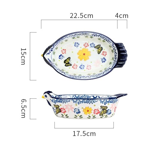 Bicuzat Vintage Butterfly and Flower Pattern Pie Pan Chicken Shape Ceramic Bakeware Casserole Dish Baking Pan Bakers Lasagna Pans Soup Bowl Baking Dish for Oven to TableBlue2PCS25 OZ - Image 3