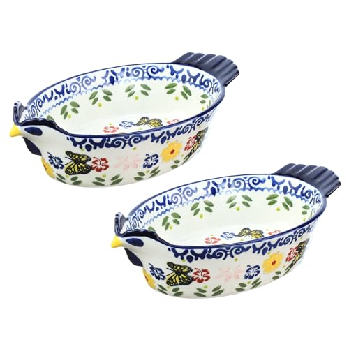 Bicuzat Vintage Butterfly and Flower Pattern Pie Pan Chicken Shape Ceramic Bakeware Casserole Dish Baking Pan Bakers Lasagna Pans Soup Bowl Baking Dish for Oven to TableBlue2PCS25 OZ - Image 1