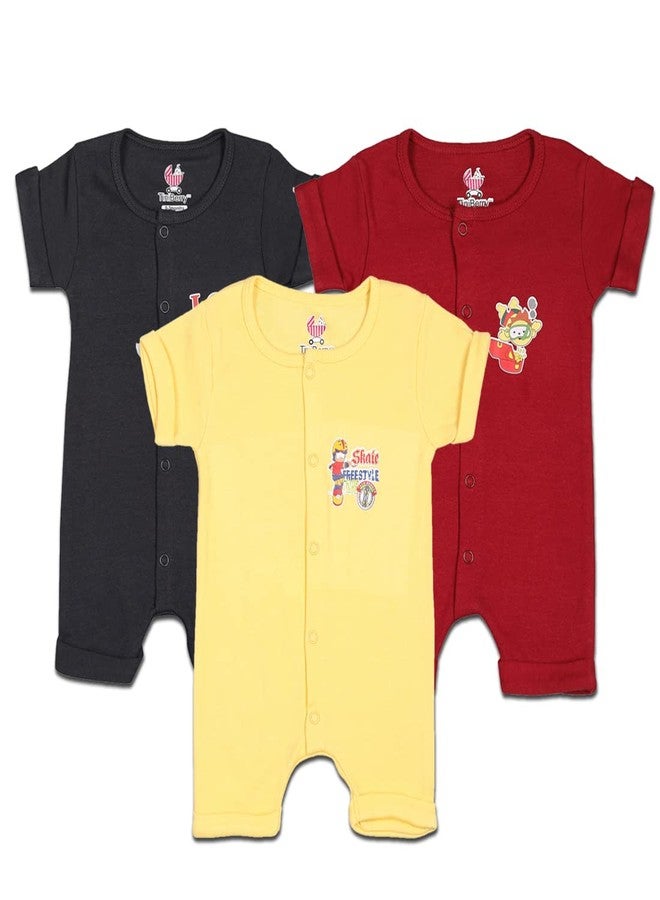 TiniBerry Cotton Rompers Sleepsuits Jumpsuit Knee Lant Rompers Bodysuits Cotton Half Sleeve Rompers Gift Set Half Sleeves Onesies for Infant Pack of 3 (12-18 Months, Yellow Black Maroon) - Image 1