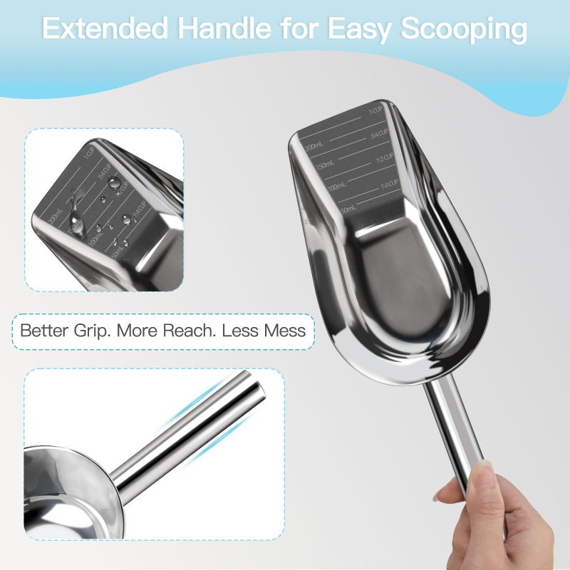 Aloxina Dog-Cat Food Scoop 1 Cup â€“ Thickened 304 Stainless Steel Pet Food Scoop with Long Handle, Precision Scale, Easy to Clean, Suitable for Wet Dry Food - Image 5