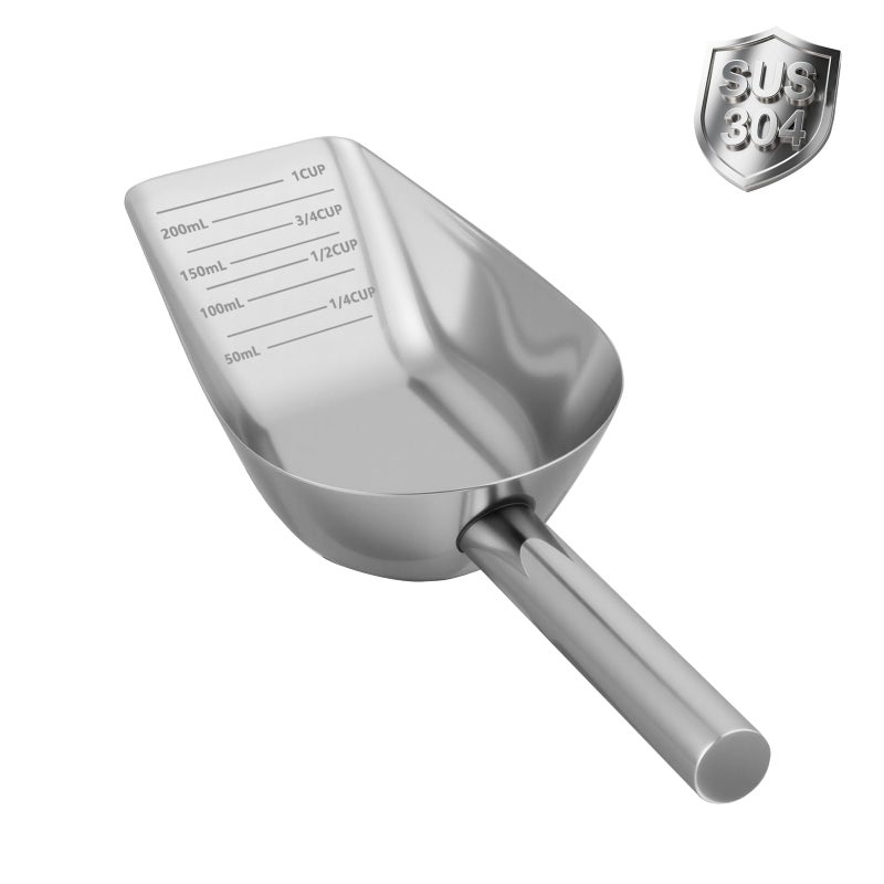 Aloxina Dog-Cat Food Scoop 1 Cup â€“ Thickened 304 Stainless Steel Pet Food Scoop with Long Handle, Precision Scale, Easy to Clean, Suitable for Wet Dry Food - Image 1