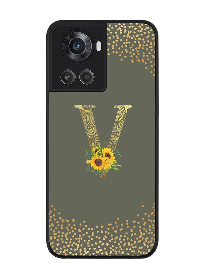 Stylizedd Rugged Black edge case for OnePlus 10R 5G/OnePlus Ace 5G Slim fit Soft Case Flexible Rubber Edges Anti Drop TPU Thin Cover - Custom Monogram Initial Letter Floral Pattern Alphabet - V (Olive Green ) - Image 1