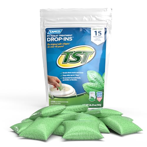 Camco TST RV Toilet Treatment Drop-INs - Control Unwanted Odors and Break Down Waste and Tissue - Septic Tank Safe - Fresh Scent - 15-pack (40264) - Image 1