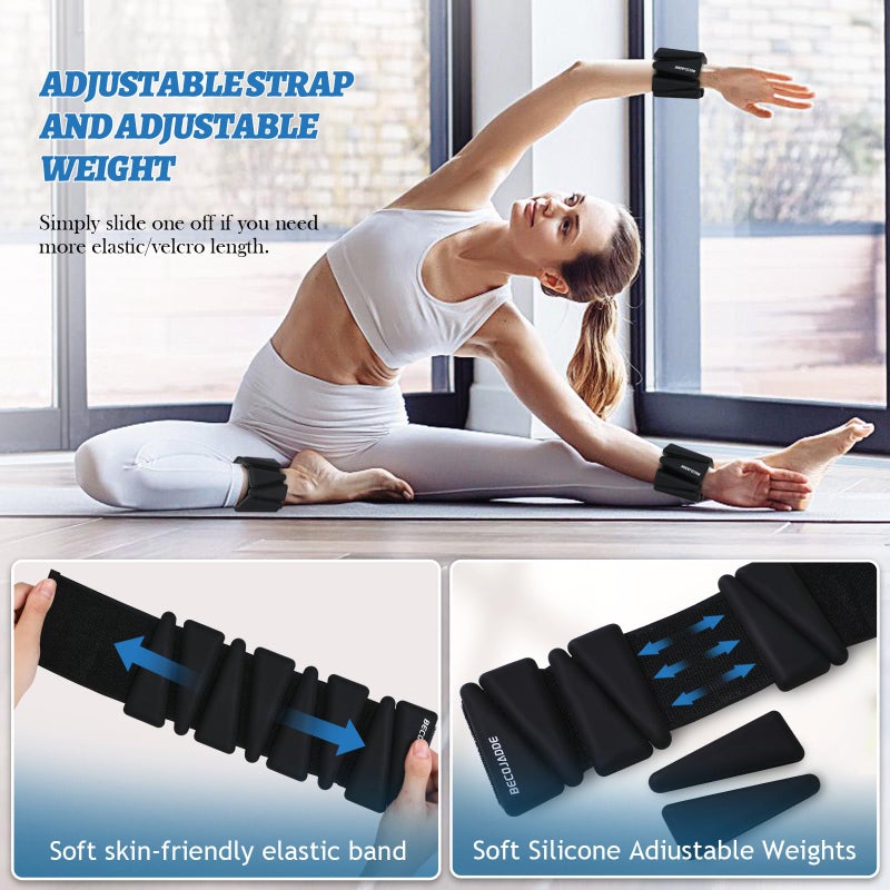 BECOJADDE Ankle Weights Set of 2 (2 lb Each) Adjustable Wrist Weights for Women Men Wearable Arm Leg Weight for Pilates, Running, Walking, Workout, Yoga, Gray Black - Image 5
