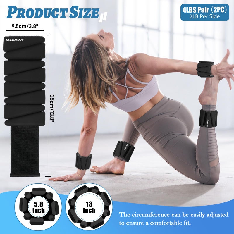 BECOJADDE Ankle Weights Set of 2 (2 lb Each) Adjustable Wrist Weights for Women Men Wearable Arm Leg Weight for Pilates, Running, Walking, Workout, Yoga, Gray Black - Image 4