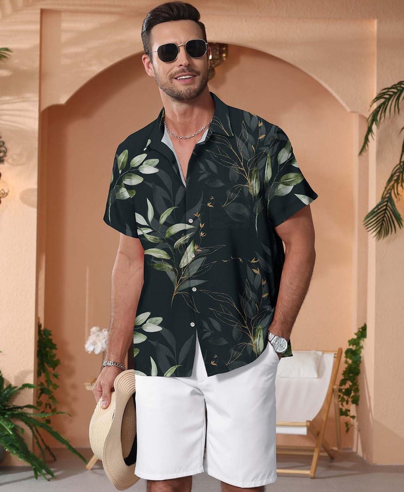 KYKU Hawaiian Shirt Men Soft Button Up Shirts Tropical, Leaf Black, 2XL - Image 2