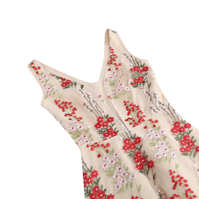IWEMEK Plunge V Neck Floral Embroidery Dress for Women Embellished Illusion Neckline Sleeveless Embroidered Dress Casual A-line Tulle Flower Prom Dress 50s Vintage Cocktail Party Dress Apricot+Red Flower L - Image 5