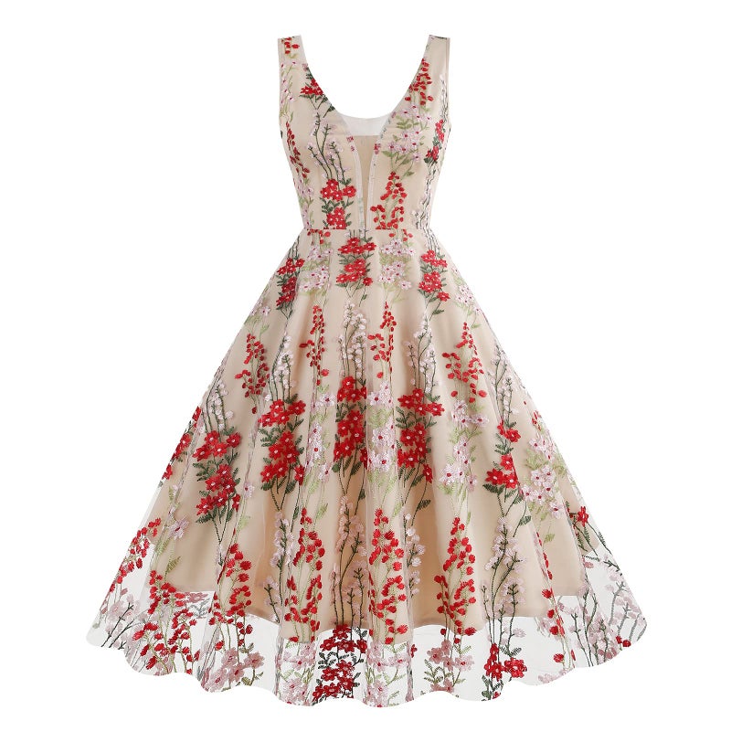 IWEMEK Plunge V Neck Floral Embroidery Dress for Women Embellished Illusion Neckline Sleeveless Embroidered Dress Casual A-line Tulle Flower Prom Dress 50s Vintage Cocktail Party Dress Apricot+Red Flower L - Image 1