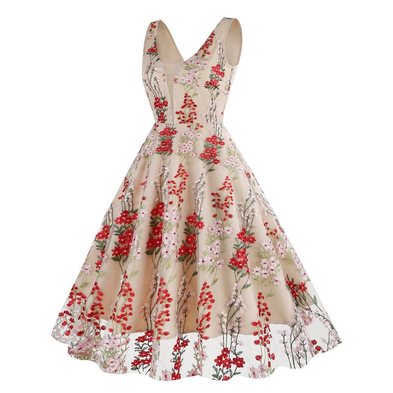 IWEMEK Plunge V Neck Floral Embroidery Dress for Women Embellished Illusion Neckline Sleeveless Embroidered Dress Casual A-line Tulle Flower Prom Dress 50s Vintage Cocktail Party Dress Apricot+Red Flower L - Image 3